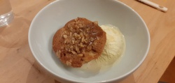 Apple walnut muffin with icecream and honey